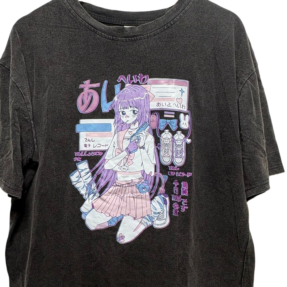 Anime‎ Girl Graphic T Shirt Size 3 Oversized Kawaii Harajuku Washed Black Tee